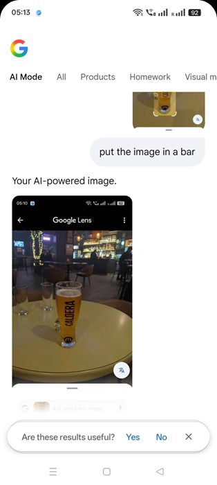 Final composite image is ready showcasing an uploaded image in a new background in AI Mode of Google Search.