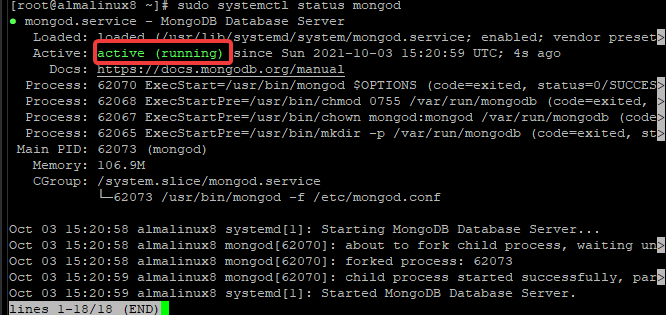 Статус службы mongod