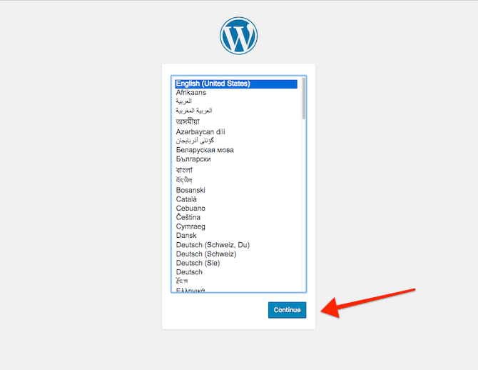 Экран выбора языка WordPress