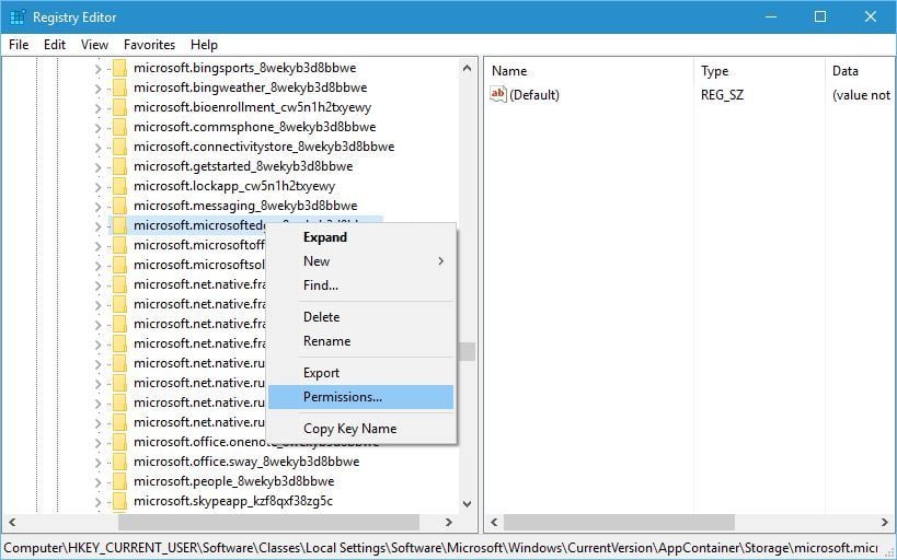 Окно разрешений реестра