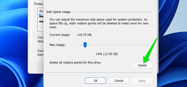 Настройки восстановления Windows — удаление точек восстановления