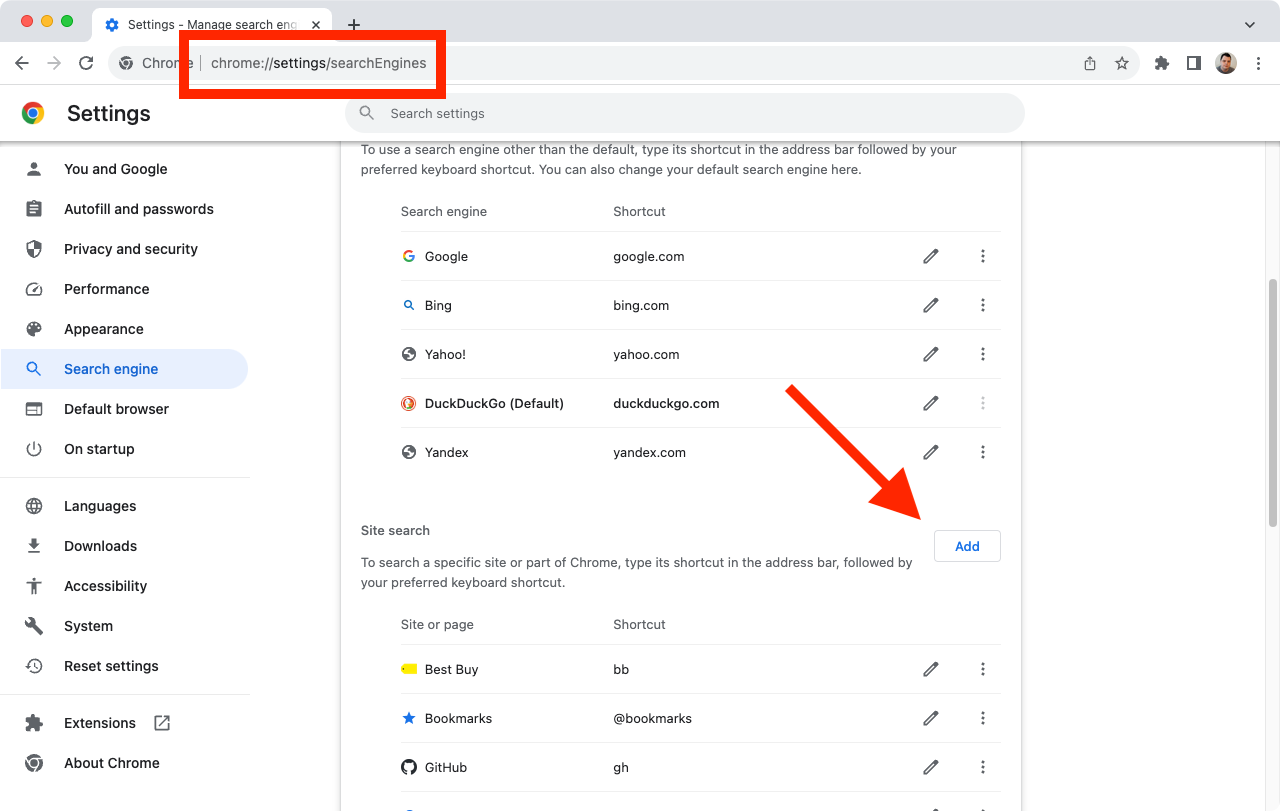 Настройки поисковых систем в Google Chrome