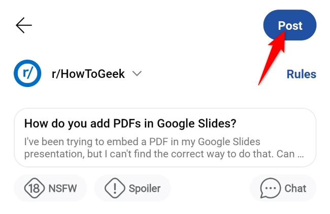 Кнопка Опубликовать в правом верхнем углу мобильного приложения