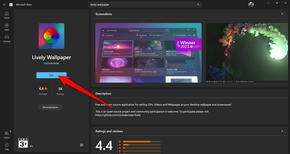 Кнопка Get в Microsoft Store для Lively Wallpaper