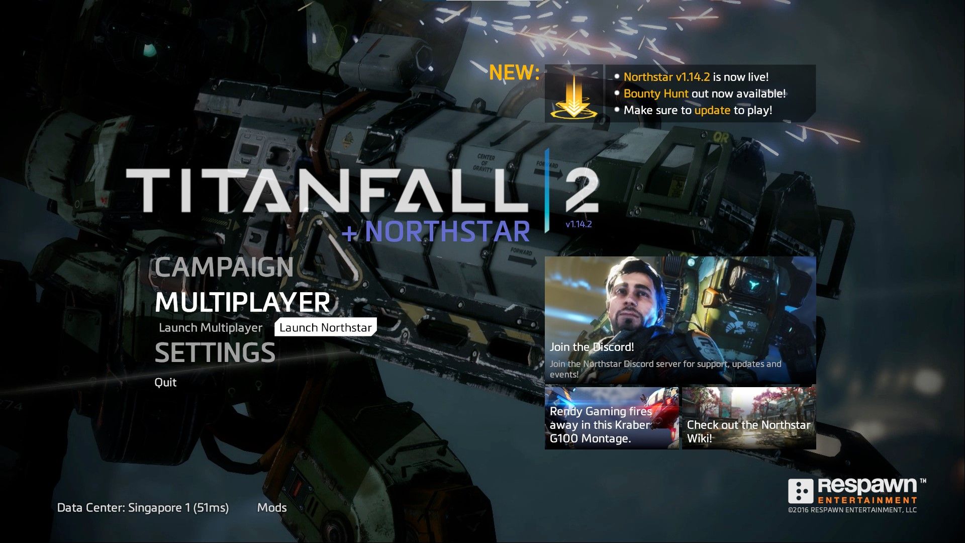 Главное меню Northstar в Titanfall 2