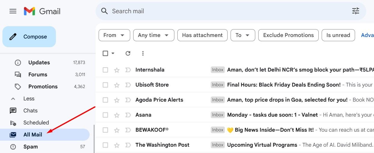 Папка Вся почта в Gmail.