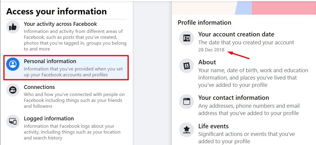 Дата создания аккаунта Facebook в разделе «Информация профиля» на компьютере.