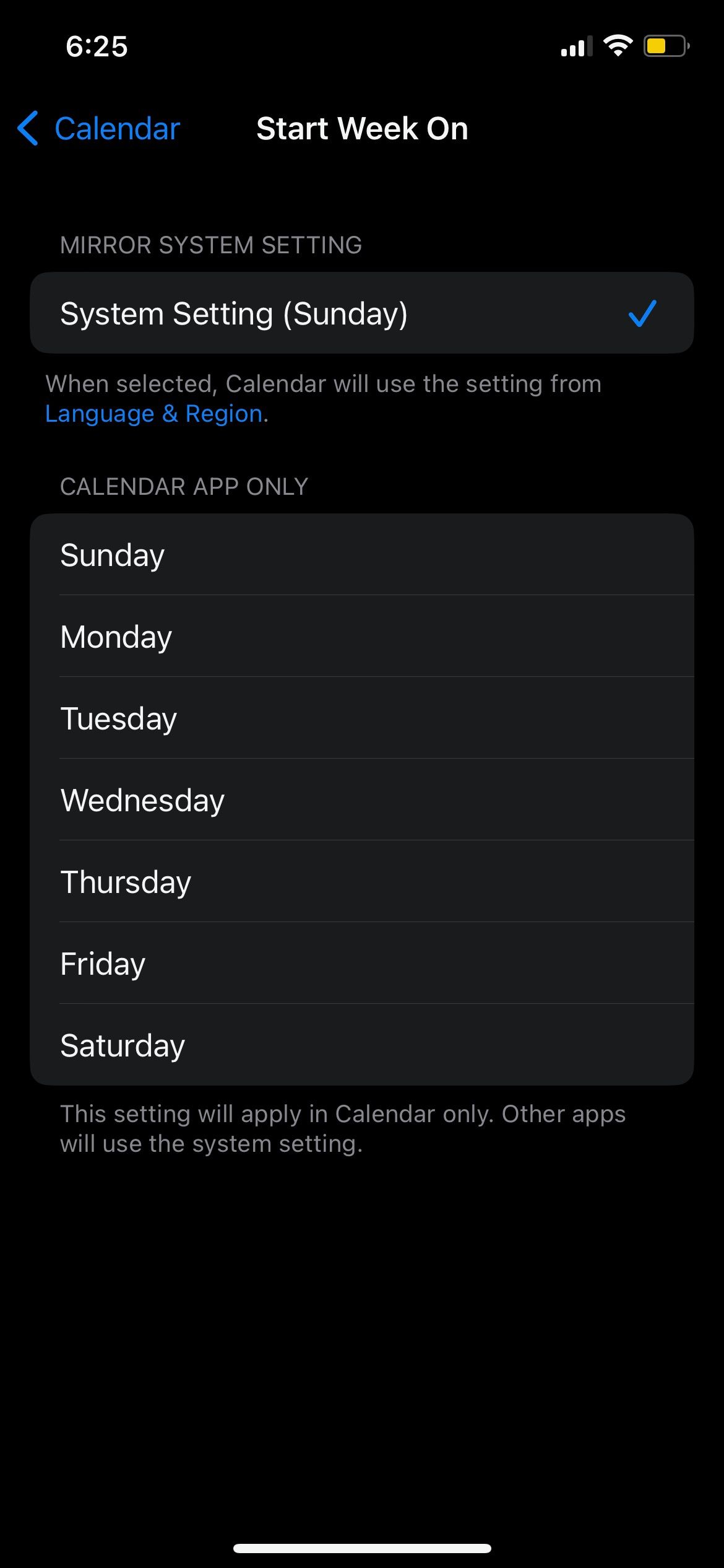 Change the start of the week iPhone