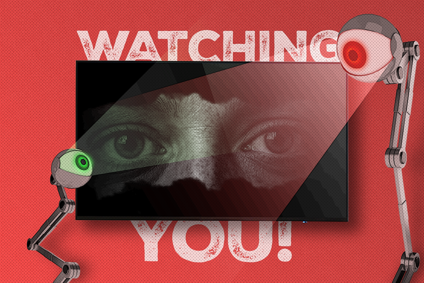 телевизор с изображением двух глаз на экране и текстом 'watching you' — символическое изображение слежки