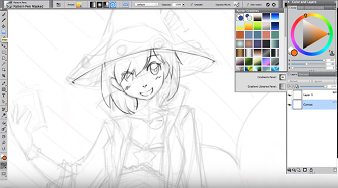 Рабочая область цифрового художника в Corel Painter: примеры штрихов и цветовых палитр