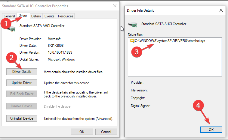 Вкладки драйвера и сведения о файлах драйвера