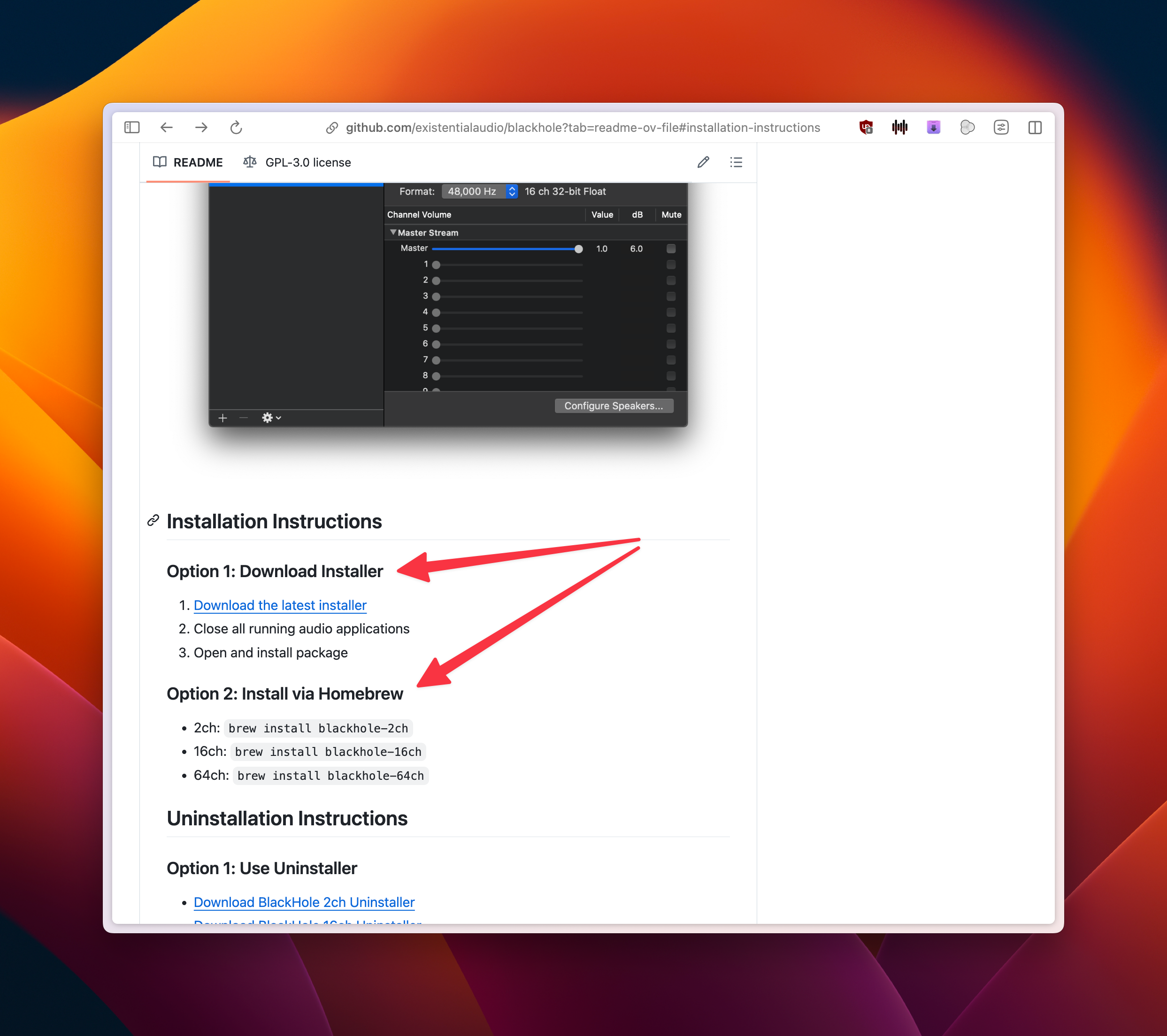 Выберите один из вариантов установки Blackhole.