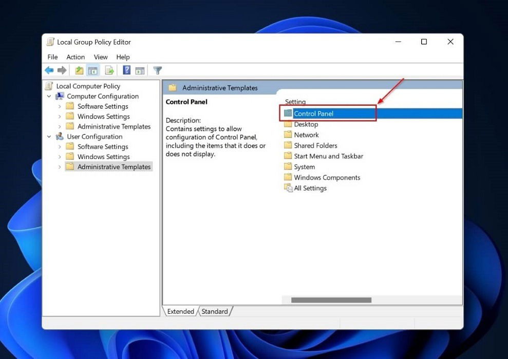 Доступ к папке Control Panel в редакторе групповой политики