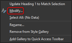 Контекстное меню для изменения стиля заголовка в Word