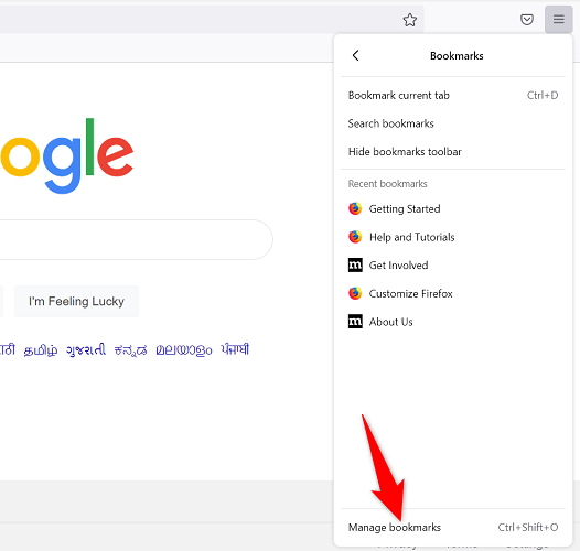 Откройте меню Закладки и выберите Управление закладками в Firefox