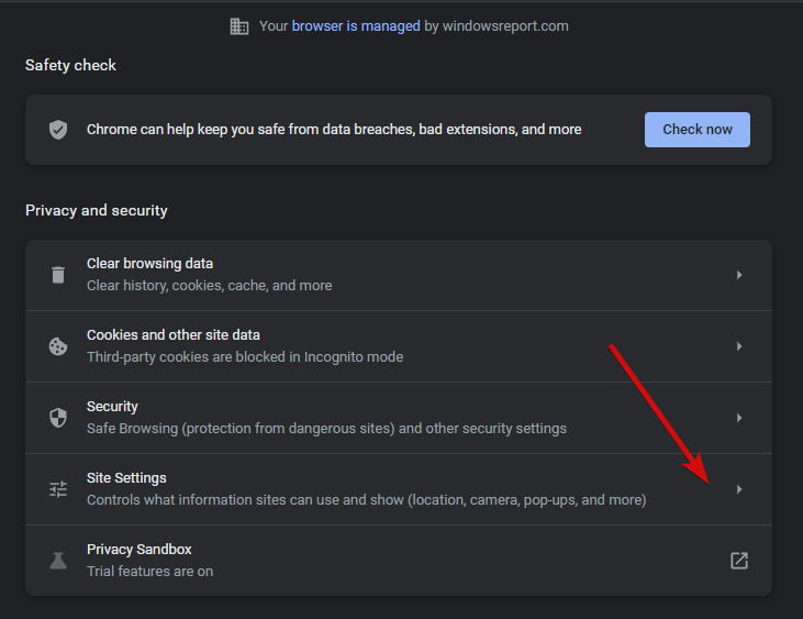 Site Settings の画面