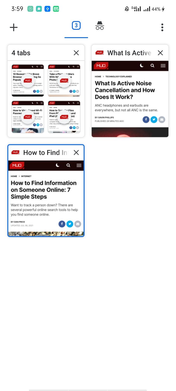 Четыре вкладки, объединённые в одну группу в переключателе вкладок Chrome