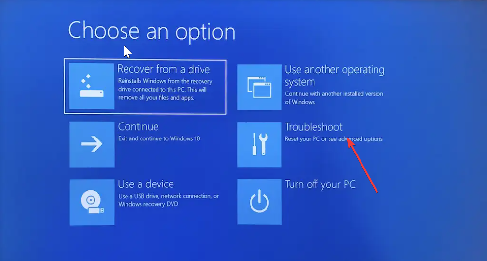 Меню устранения неполадок в расширенных параметрах Windows 10