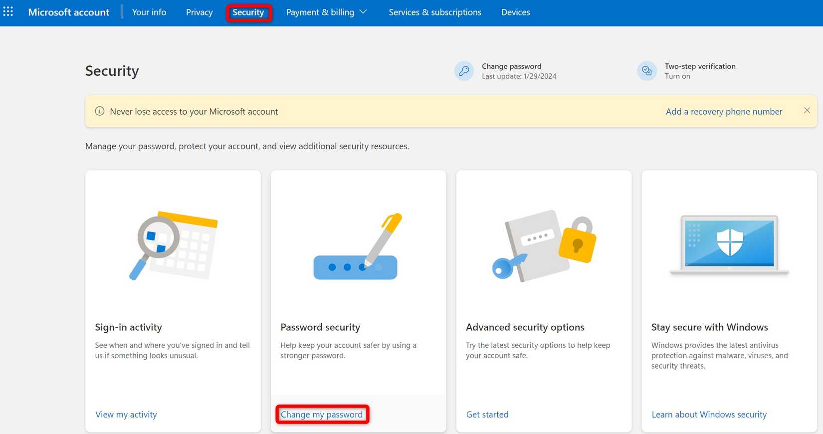 Открытие настроек безопасности для смены пароля учётной записи Microsoft