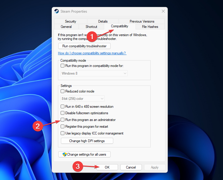 Окно совместимости свойств Steam с опцией запуска от администратора