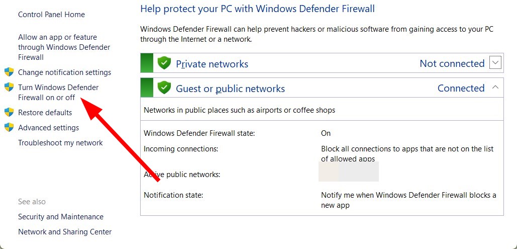 Опции включения и отключения брандмауэра
