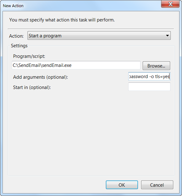 Действие задачи: запуск sendemail.exe с аргументами
