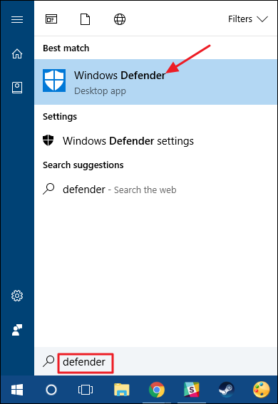 Окно поиска и результат: запуск Windows Defender