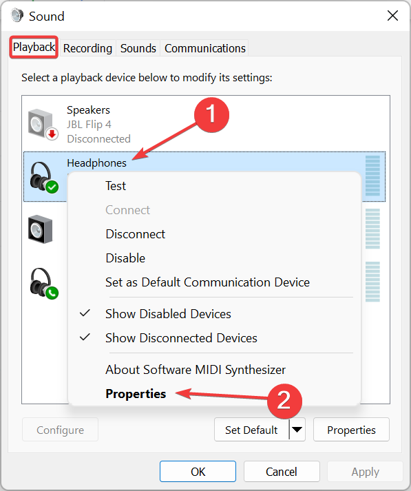 Окно свойств устройства воспроизведения в Windows