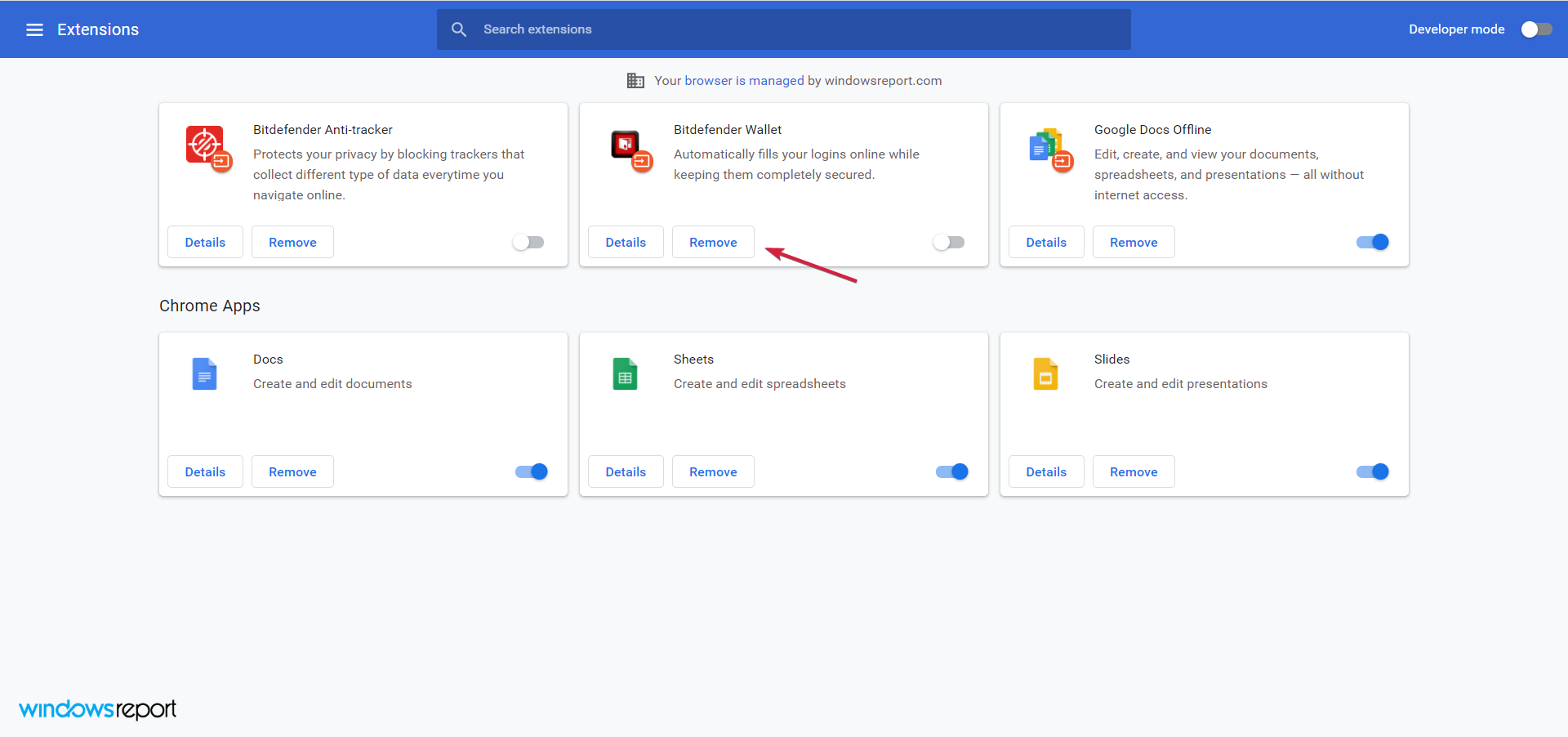 Окно управления расширениями в Chrome