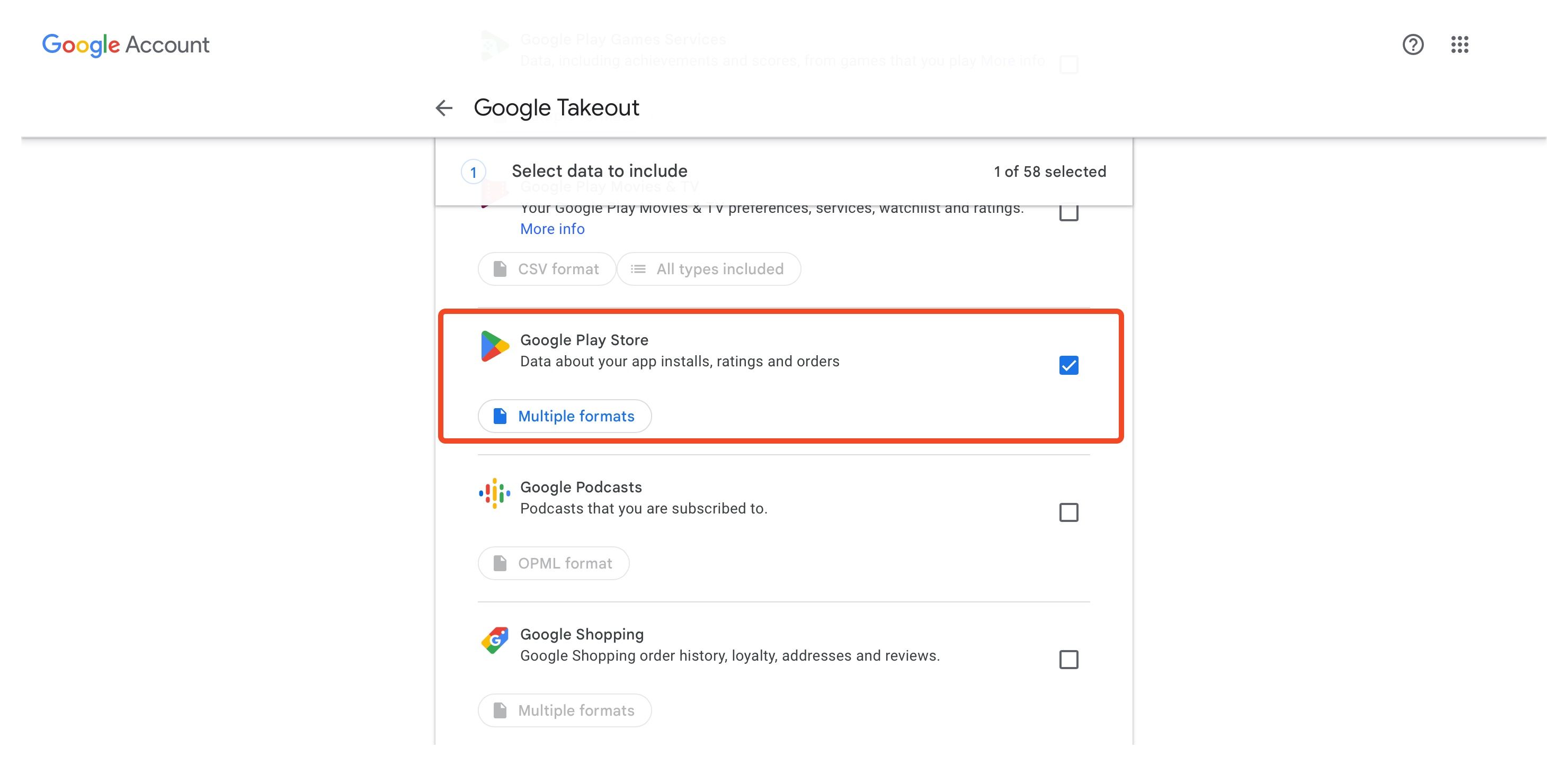 Опция Play Store в Google Takeout.