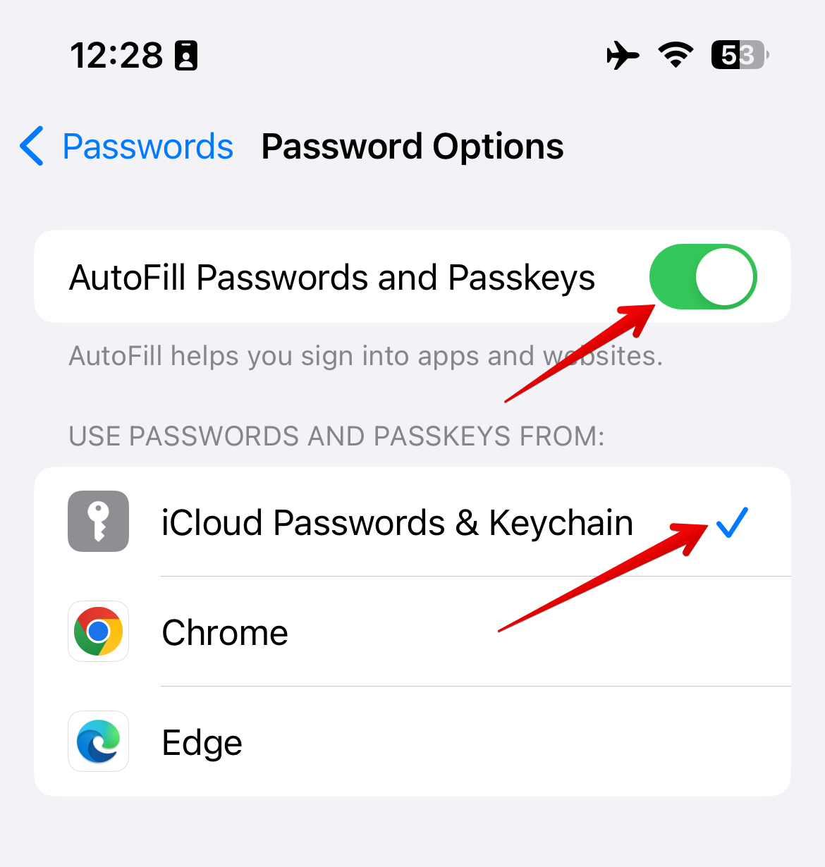 Тумблер «Автозаполнение паролей и ключей доступа» включён, Связка ключей iCloud активна.