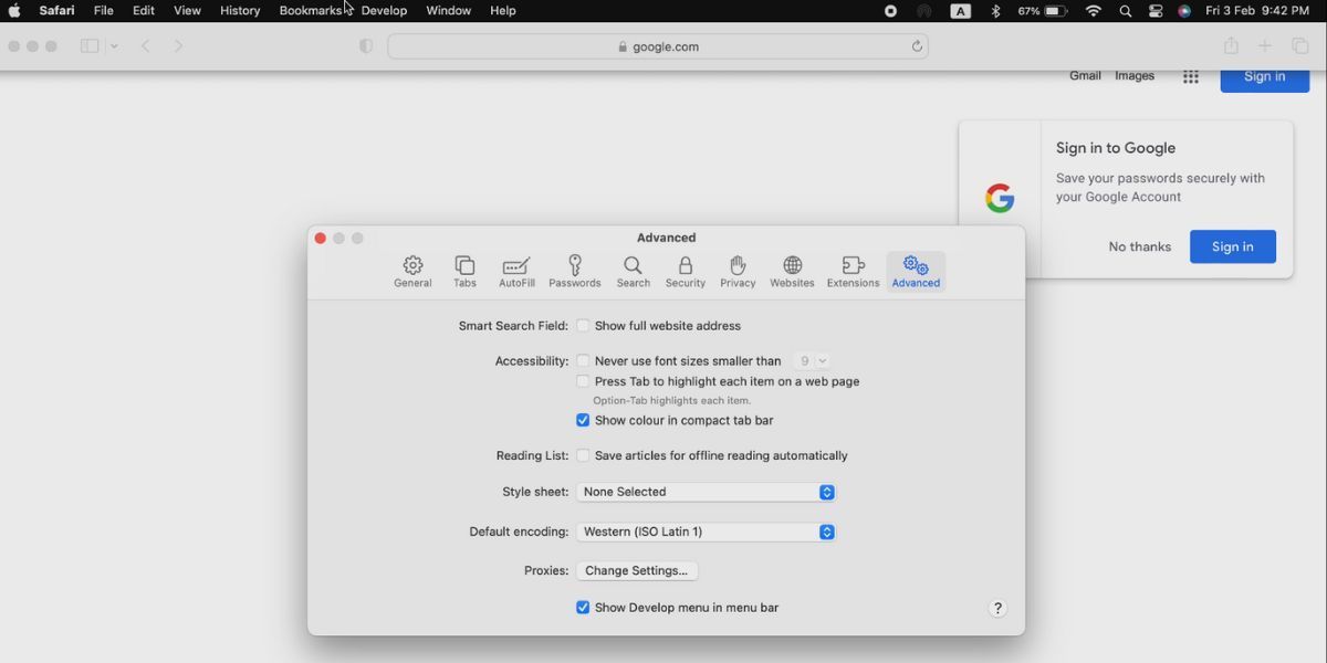 Включение меню Разработка в Safari