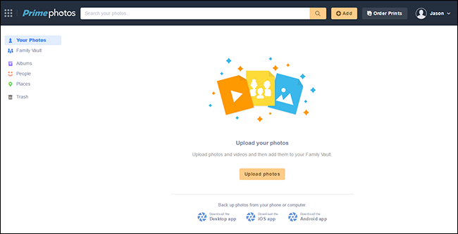 Пустая панель Prime Photos при первом запуске