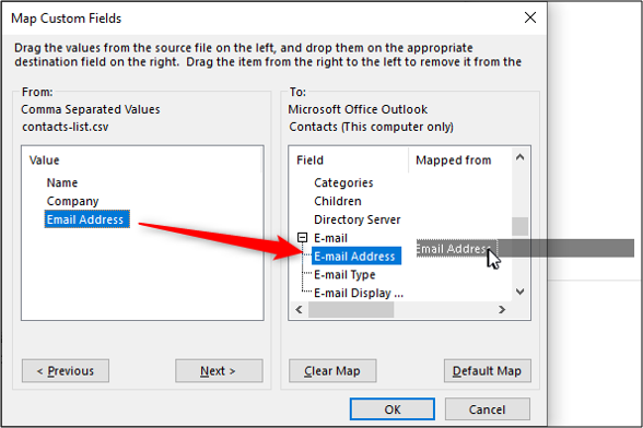 Перетаскивание поля «Электронная почта» для сопоставления с Outlook