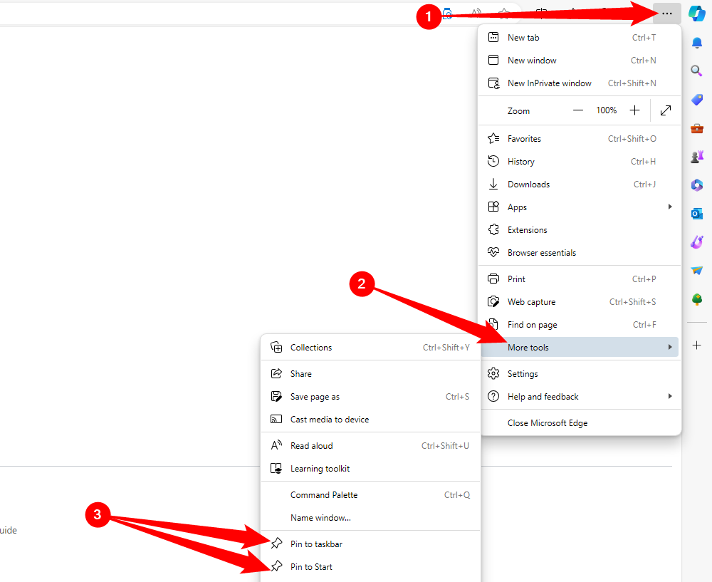 Наведите курсор на 'More tools' и выберите 'Pin to Start' или 'Pin to Taskbar'.