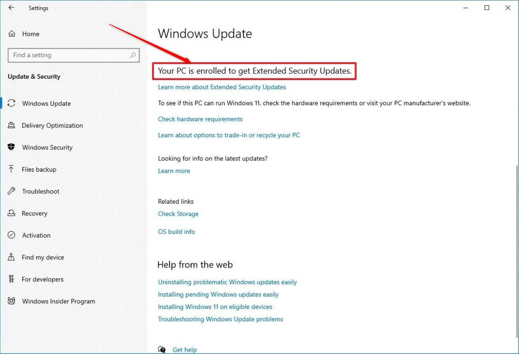 Сообщение в Центре обновления Windows: устройство зарегистрировано для ESU.