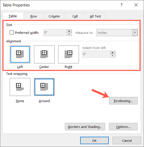 Размер и выравнивание в Свойствах таблицы