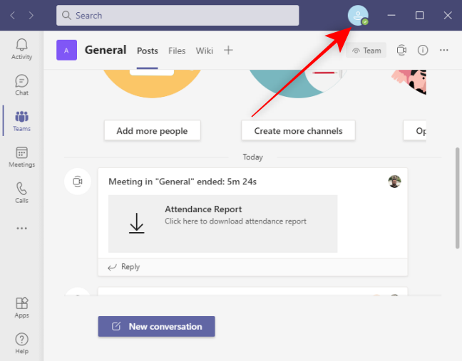 Иконка профиля в правом верхнем углу Microsoft Teams