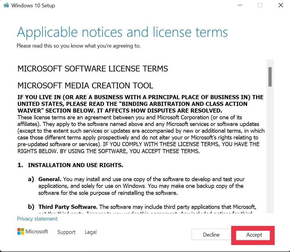 Запуск Media Creation Tool и согласие с условиями