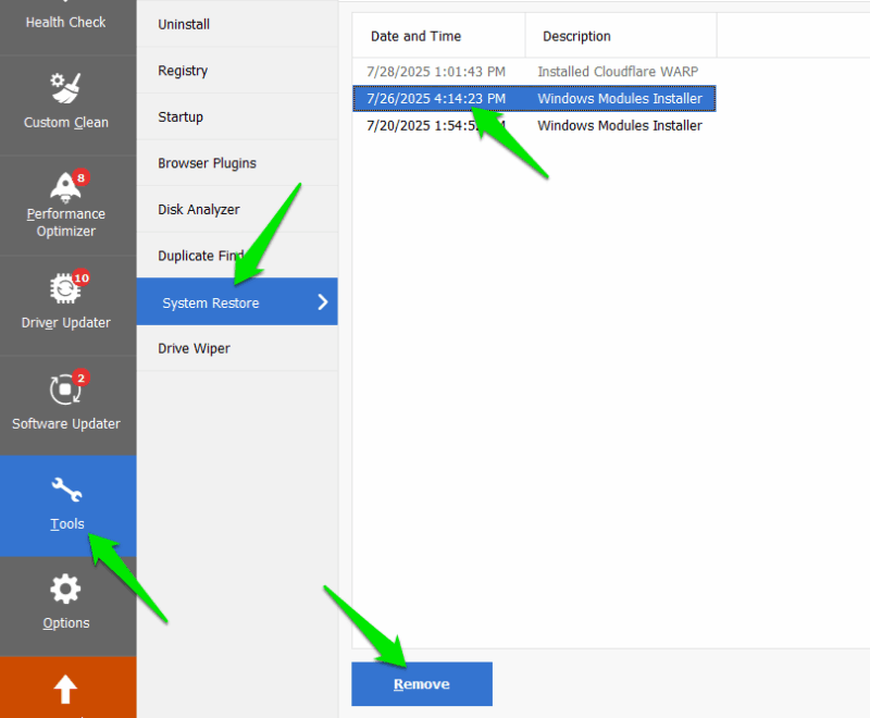 Удаление точек восстановления в CCleaner