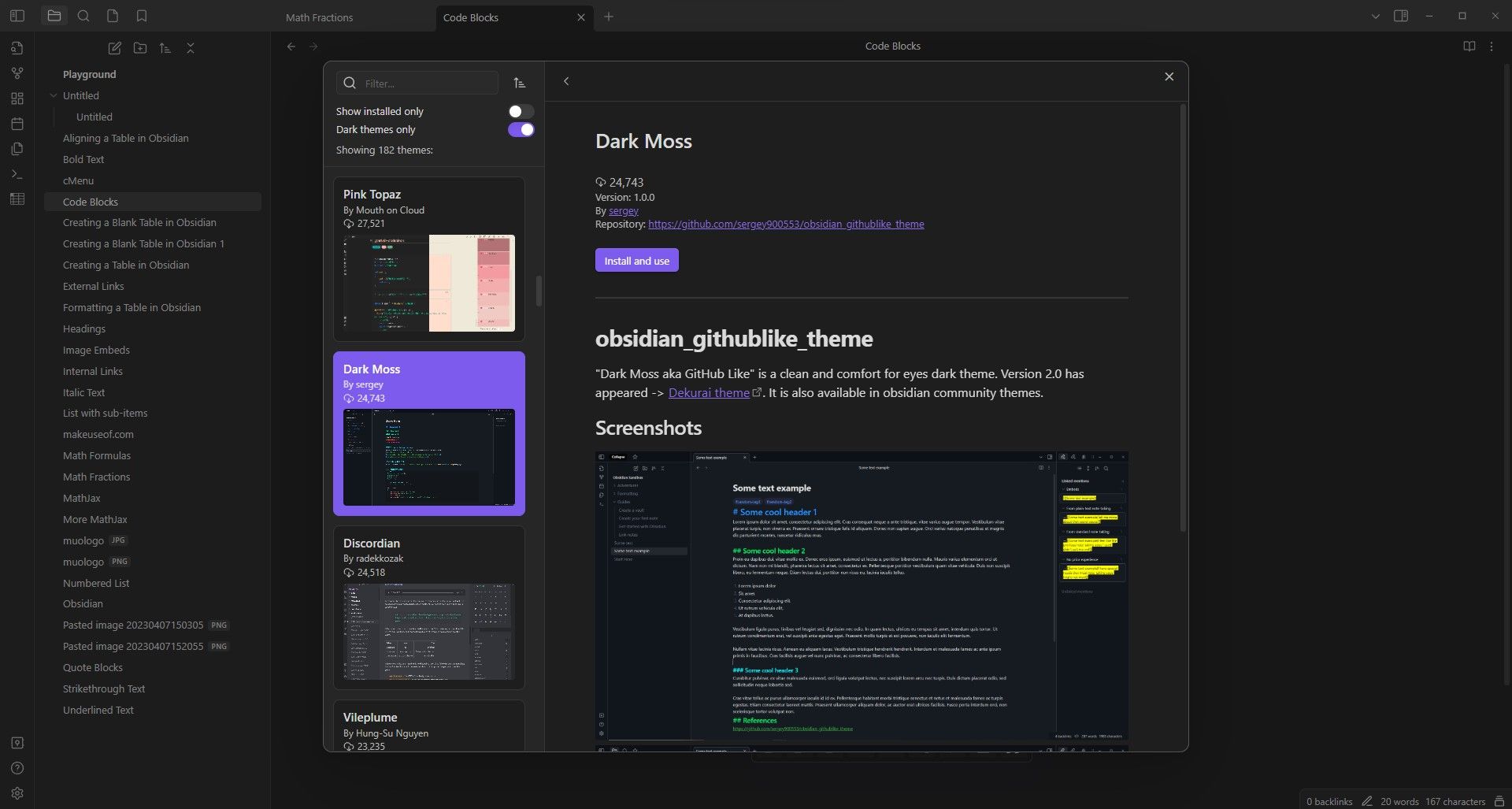 Предпросмотр темы в Obsidian, отображение изменений интерфейса