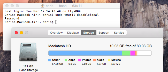 Терминал macOS с командами для отключения и включения локальных снимков