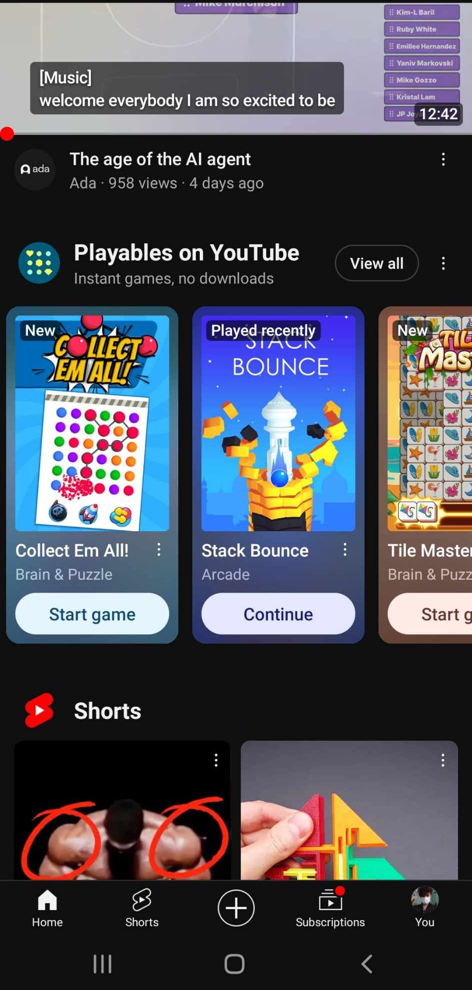 Прокрутка главной страницы YouTube с блоком Playables