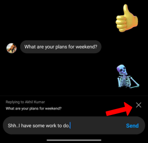 Screenshot: icona X utilizzata per chiudere la modalità di risposta a un messaggio