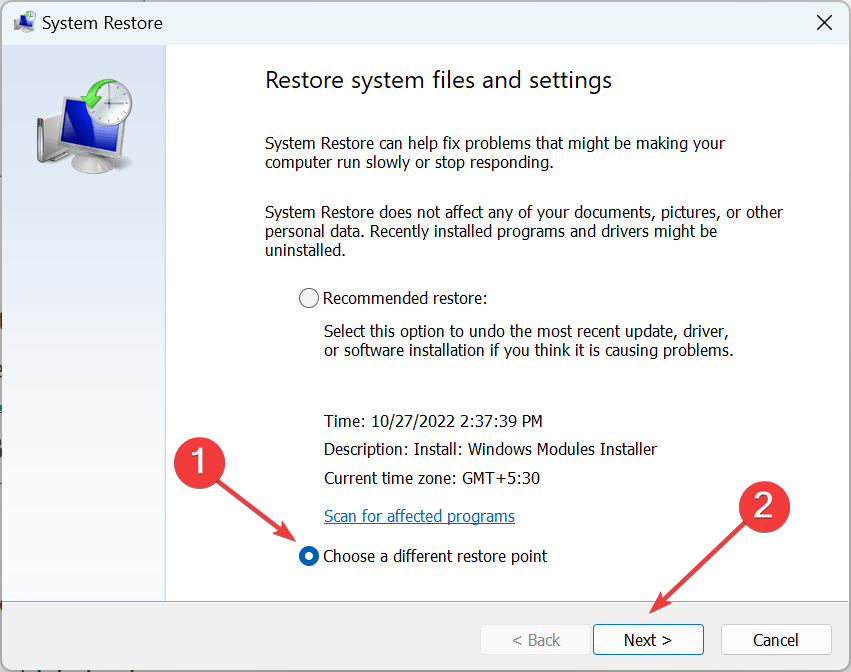 Выбор точки восстановления