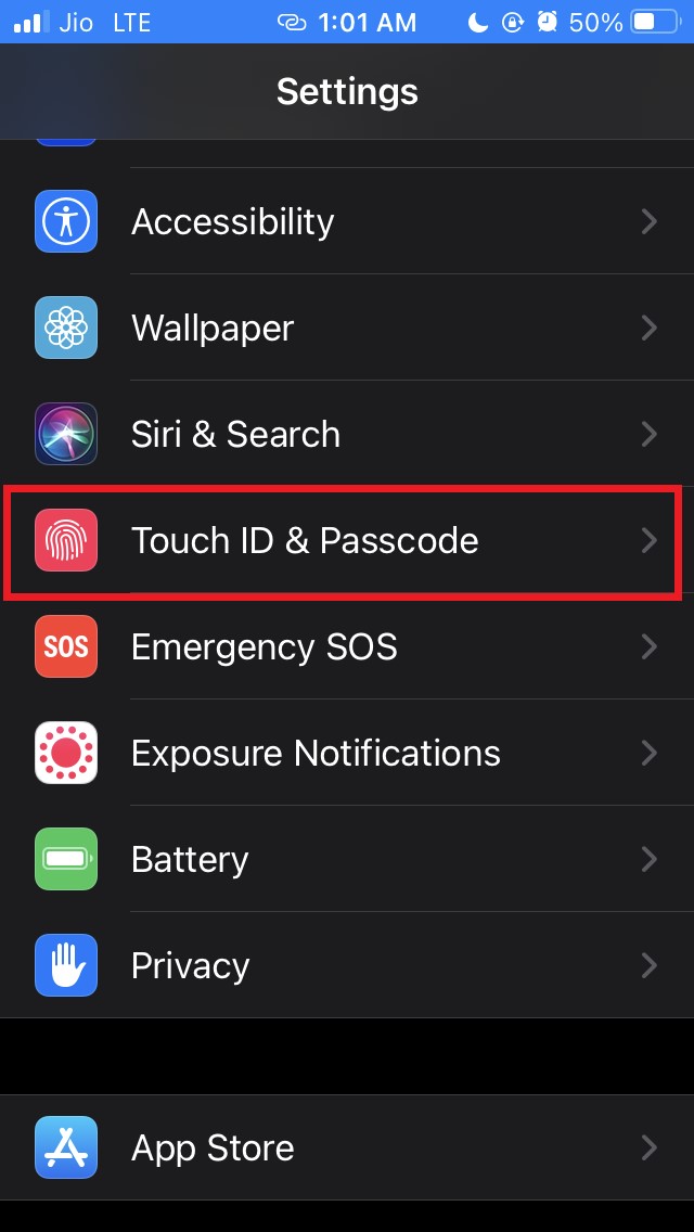 Нажмите Touch ID и код
