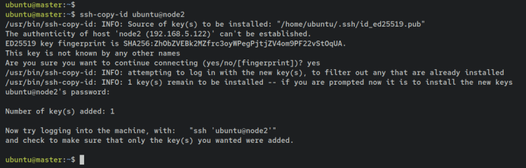 Загрузка SSH ключа на node2