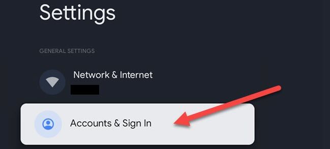 Пункт меню «Accounts & Sign In» в настройках Google TV