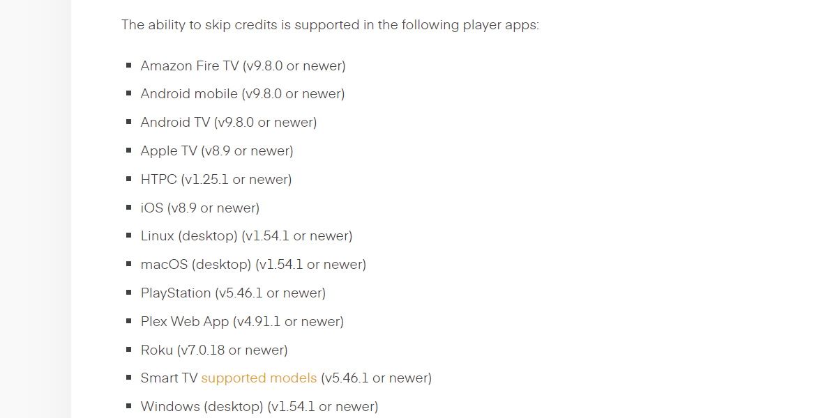 Скриншот: список поддерживаемых устройств для обнаружения титров в Plex