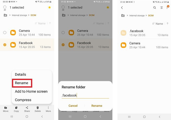 Переименование папки с добавлением точки для скрытия